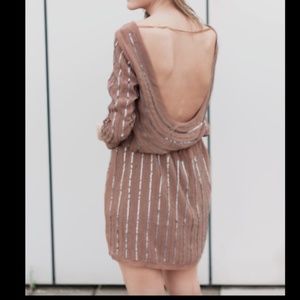 NWT SARA BOO BEIGE NUDE SEQUINS AND BEADED OPEN BACK CHIFFON DRESS XS